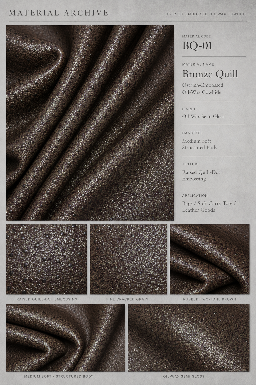 Bronze Quill™｜BQ-01 leather material application reference