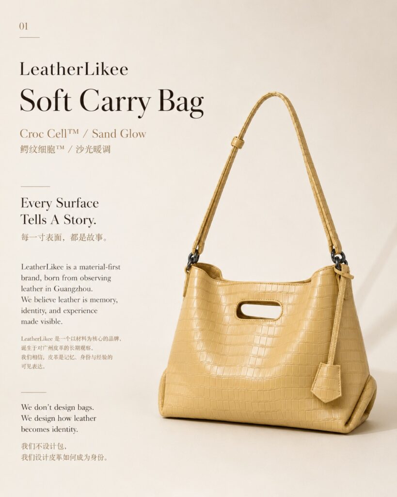Croc Cell™ Sand Glow RC-01 leather material applied on tote bag for bag development and China leather sourcing