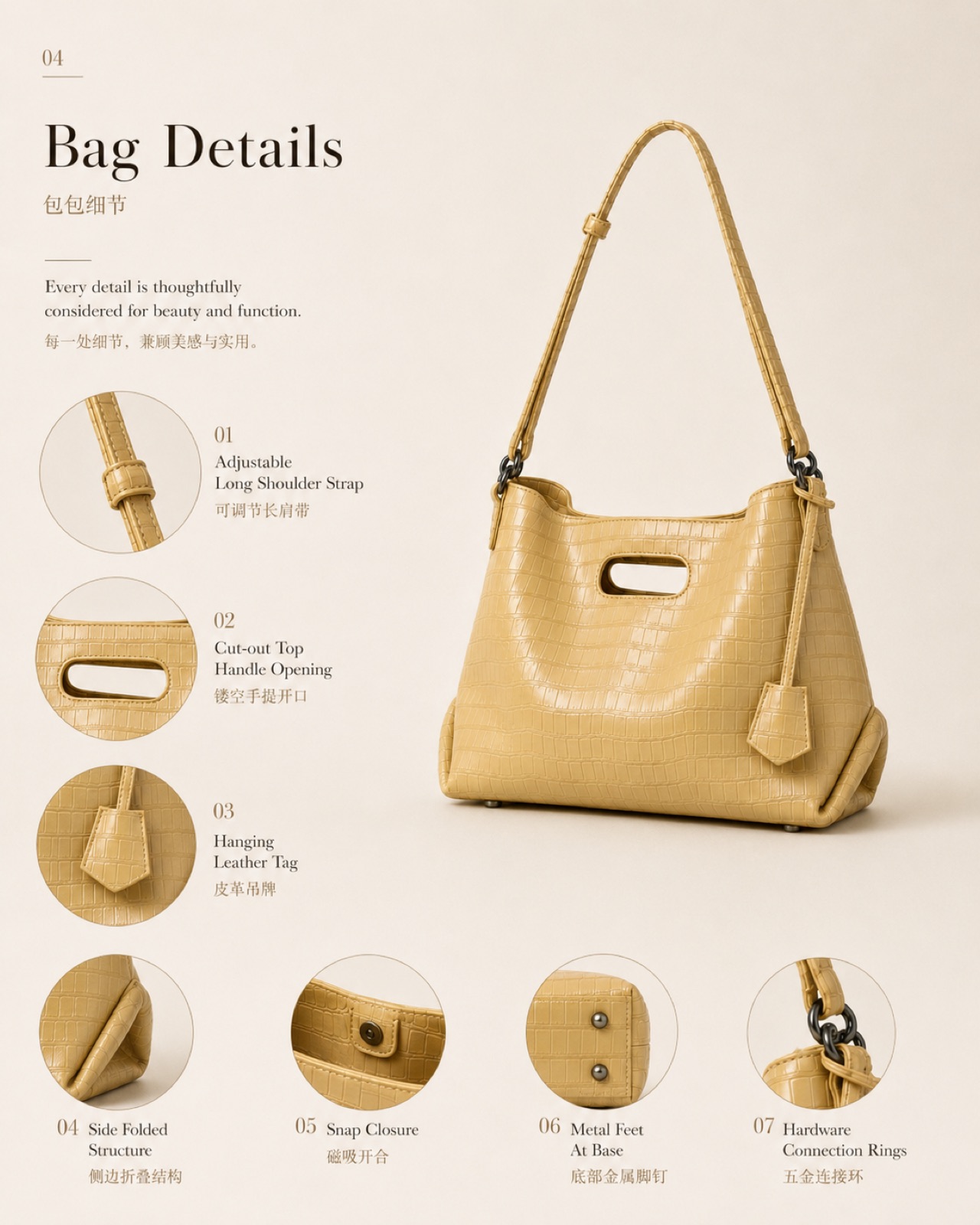 Croc Cell™ Sand Glow RC-01 leather material applied on tote bag for bag development and China leather sourcing