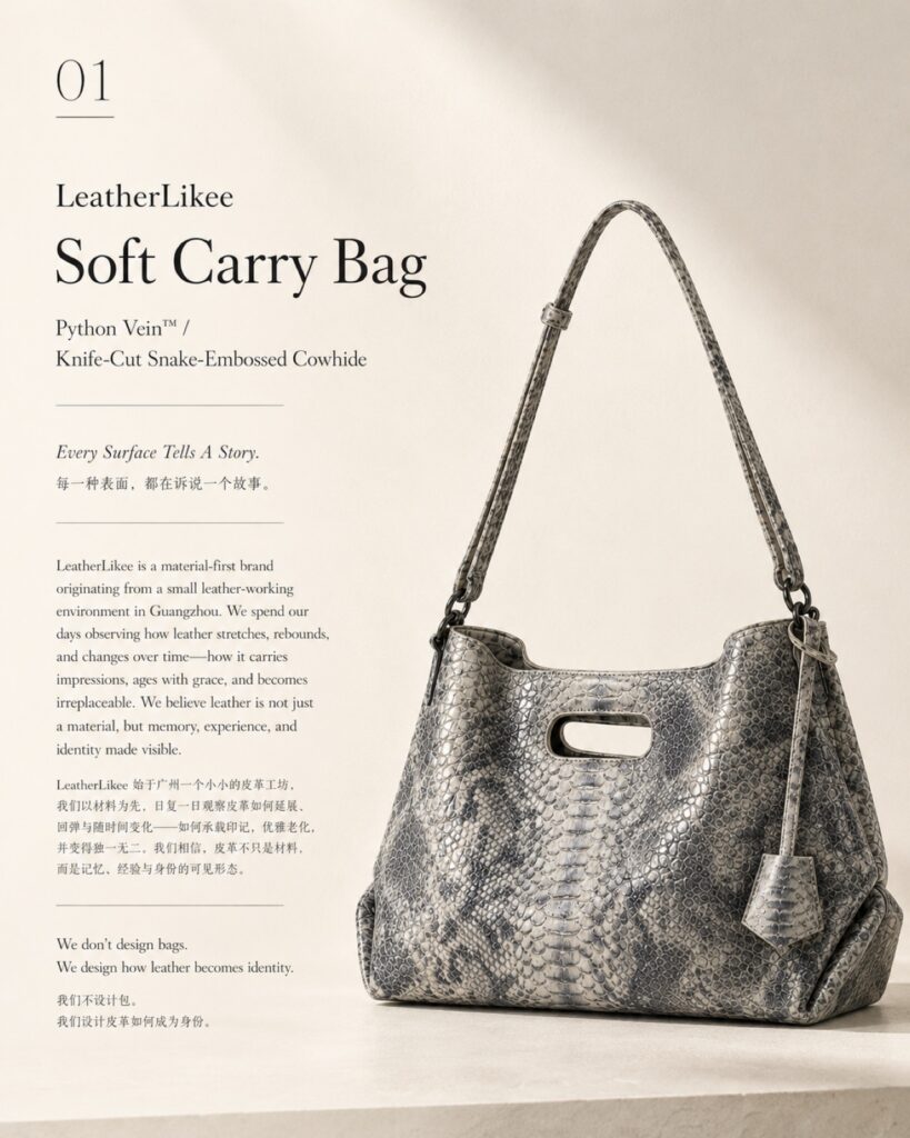 Python Vein™ RP-01 leather material applied on tote bag for bag development and China leather sourcing