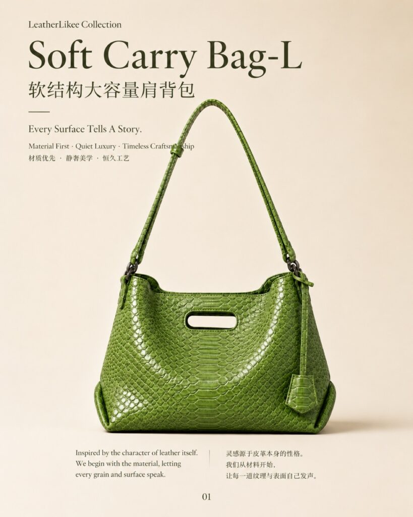 Verdant Python™ RP-02 leather material applied on tote bag for bag development and China leather sourcing
