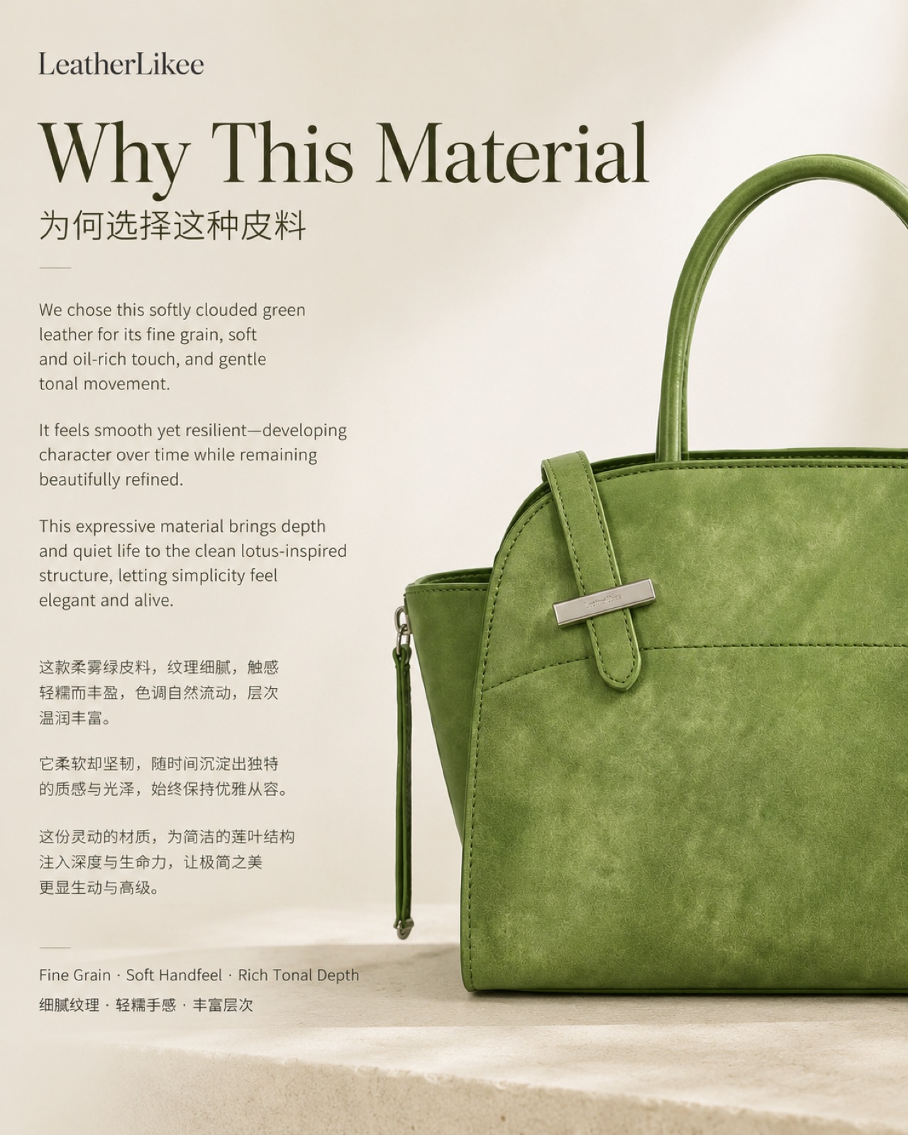 Resin Snow™ RS-01 leather material applied on small tote bag for bag development and China leather sourcing